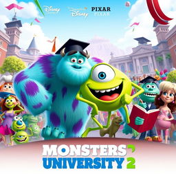 A vibrant and colorful poster for a fictional animated movie titled 'Monsters University 2', inspired by Disney Pixar