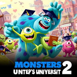 A vibrant and colorful poster for a fictional animated movie titled 'Monsters University 2', inspired by Disney Pixar
