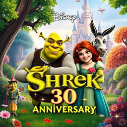 A vibrant and whimsical poster for Disney's 30th anniversary of Shrek, featuring the beloved characters Shrek and Fiona surrounded by a magical forest setting