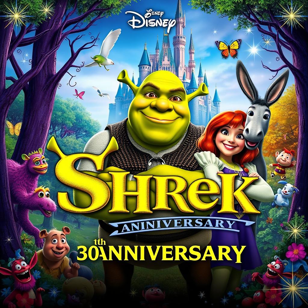 A vibrant and whimsical poster for Disney's 30th anniversary of Shrek, featuring the beloved characters Shrek and Fiona surrounded by a magical forest setting