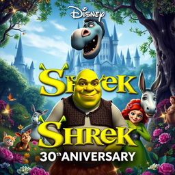 A vibrant and whimsical poster for Disney's 30th anniversary of Shrek, featuring the beloved characters Shrek and Fiona surrounded by a magical forest setting