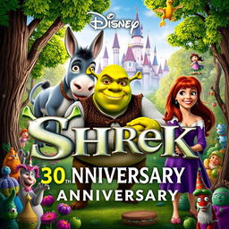 A vibrant and whimsical poster for Disney's 30th anniversary of Shrek, featuring the beloved characters Shrek and Fiona surrounded by a magical forest setting