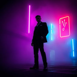 A lone figure reminiscent of an action hero standing in a dark, moody environment lit by vibrant neon lights