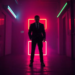 A lone figure reminiscent of an action hero standing in a dark, moody environment lit by vibrant neon lights
