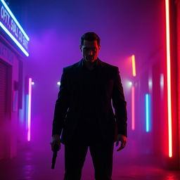 A lone figure reminiscent of an action hero standing in a dark, moody environment lit by vibrant neon lights