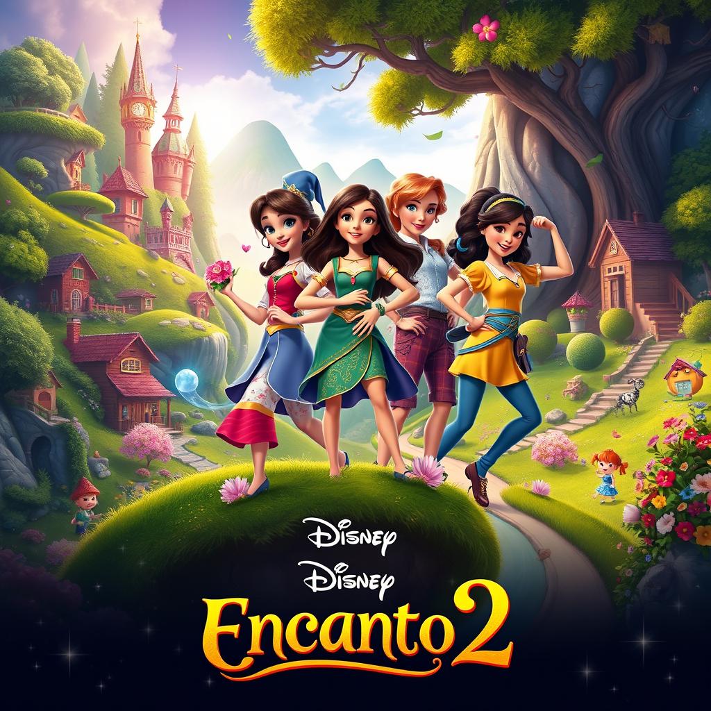A vibrant and colorful movie poster for "Disney's Encanto 2," featuring the fantastical landscape of the Madrigal family's magical village, with lush greenery, charming houses, and whimsical elements that highlight the film's enchanting atmosphere