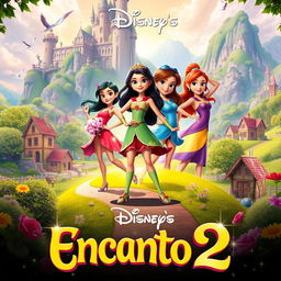 A vibrant and colorful movie poster for "Disney's Encanto 2," featuring the fantastical landscape of the Madrigal family's magical village, with lush greenery, charming houses, and whimsical elements that highlight the film's enchanting atmosphere