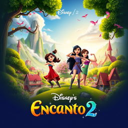 A vibrant and colorful movie poster for "Disney's Encanto 2," featuring the fantastical landscape of the Madrigal family's magical village, with lush greenery, charming houses, and whimsical elements that highlight the film's enchanting atmosphere
