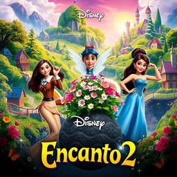 A vibrant and colorful movie poster for "Disney's Encanto 2," featuring the fantastical landscape of the Madrigal family's magical village, with lush greenery, charming houses, and whimsical elements that highlight the film's enchanting atmosphere