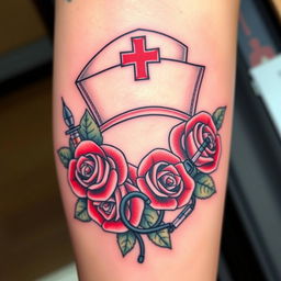 A beautifully detailed nurse tattoo design featuring a classic nurse's cap adorned with a red cross, surrounded by vibrant roses and medical symbols like a stethoscope and syringes