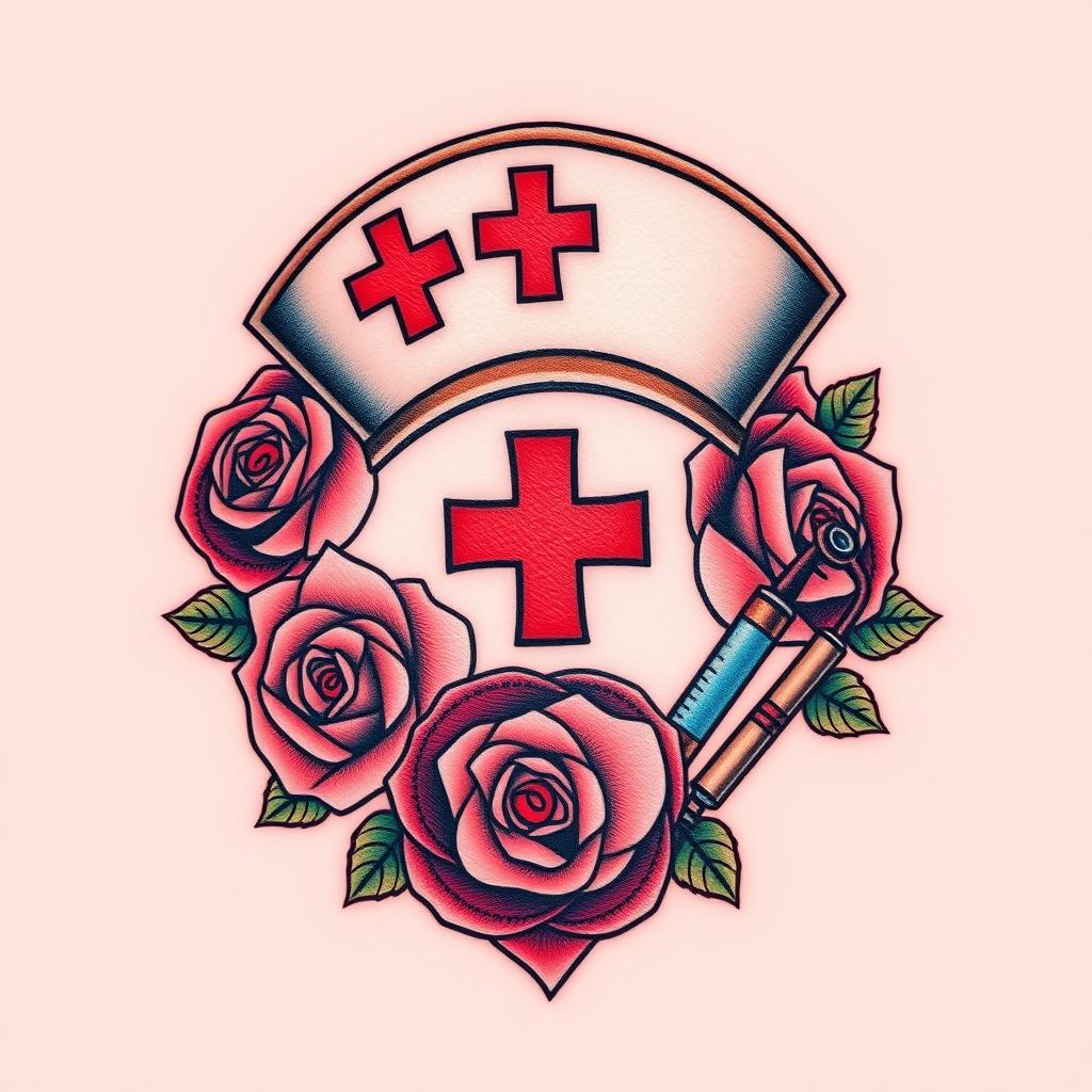 A beautifully detailed nurse tattoo design featuring a classic nurse's cap adorned with a red cross, surrounded by vibrant roses and medical symbols like a stethoscope and syringes