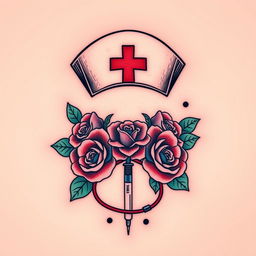 A beautifully detailed nurse tattoo design featuring a classic nurse's cap adorned with a red cross, surrounded by vibrant roses and medical symbols like a stethoscope and syringes