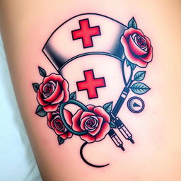 A beautifully detailed nurse tattoo design featuring a classic nurse's cap adorned with a red cross, surrounded by vibrant roses and medical symbols like a stethoscope and syringes