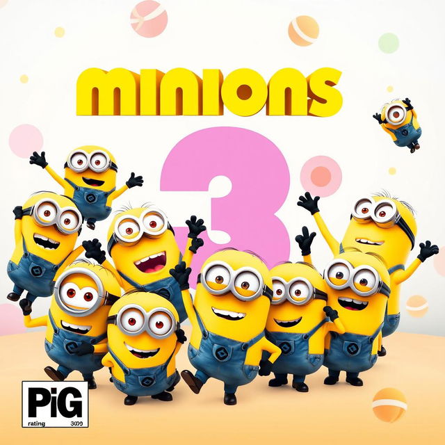 A vibrant and colorful movie poster for 'Minions 3', featuring the iconic Minions in various playful poses, all set against a fun and whimsical background