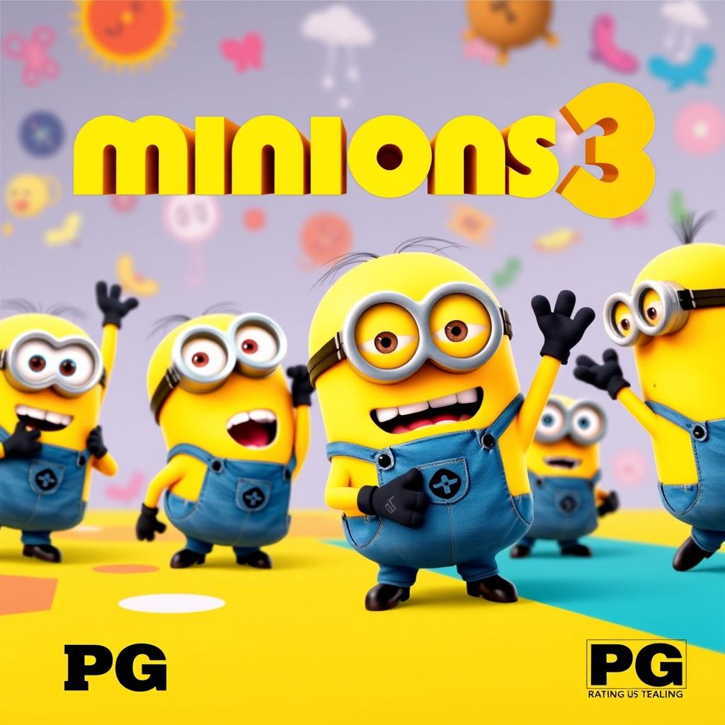 A vibrant and colorful movie poster for 'Minions 3', featuring the iconic Minions in various playful poses, all set against a fun and whimsical background