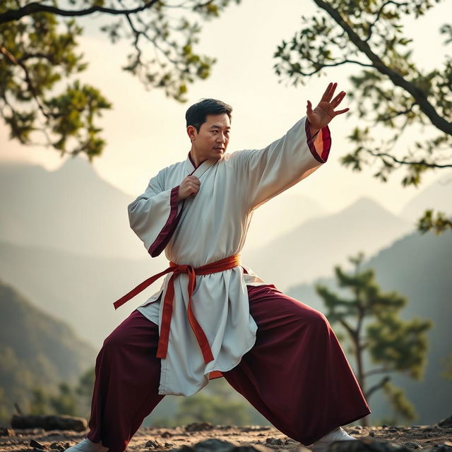 A Chinese master martial artist practicing in a serene mountain setting, dressed in traditional martial arts attire