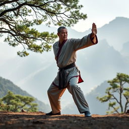 A Chinese master martial artist practicing in a serene mountain setting, dressed in traditional martial arts attire