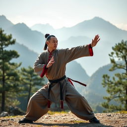 A Chinese master martial artist practicing in a serene mountain setting, dressed in traditional martial arts attire