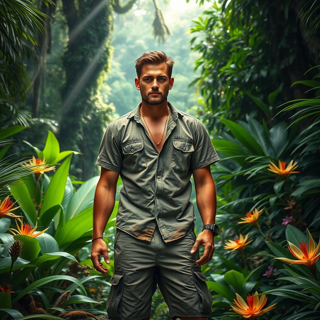 A rugged man standing confidently in a lush jungle setting, surrounded by vibrant green foliage, towering trees, and beams of sunlight filtering through the canopy above