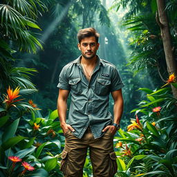 A rugged man standing confidently in a lush jungle setting, surrounded by vibrant green foliage, towering trees, and beams of sunlight filtering through the canopy above
