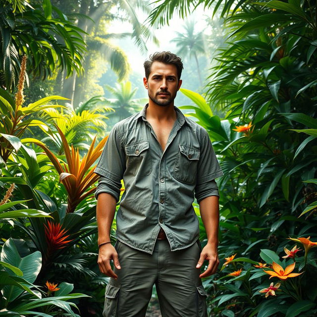 A rugged man standing confidently in a lush jungle setting, surrounded by vibrant green foliage, towering trees, and beams of sunlight filtering through the canopy above