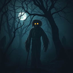 A spooky scarecrow standing ominously in a dark forest, surrounded by twisted trees and dense fog
