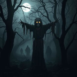 A spooky scarecrow standing ominously in a dark forest, surrounded by twisted trees and dense fog