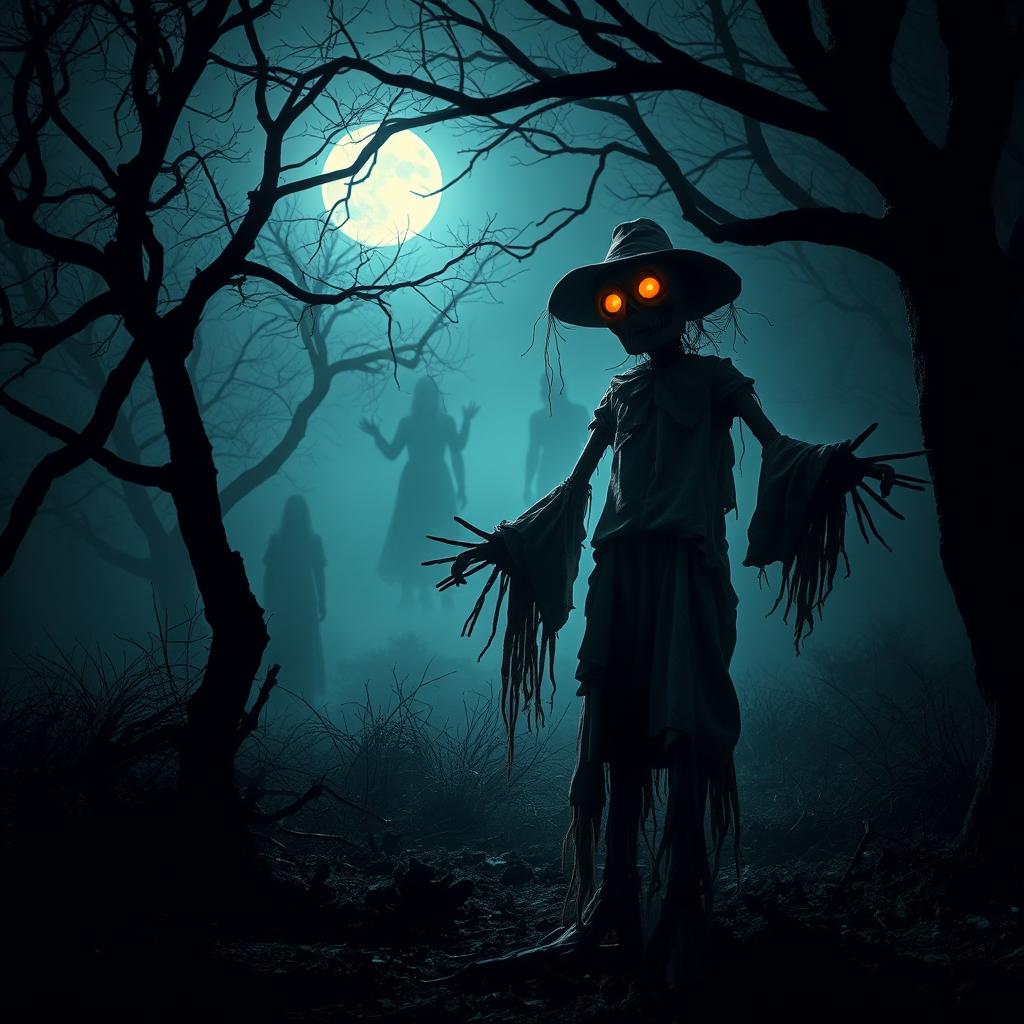 A spooky scarecrow standing ominously in a dark forest, surrounded by twisted trees and dense fog