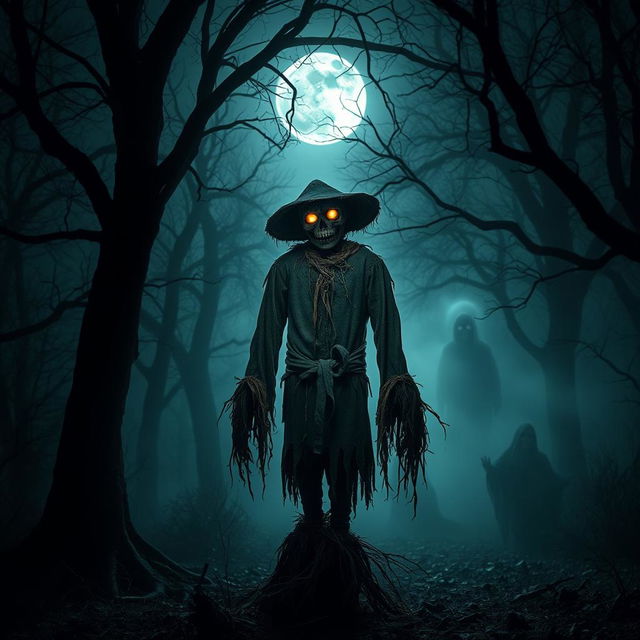 A spooky scarecrow standing ominously in a dark forest, surrounded by twisted trees and dense fog