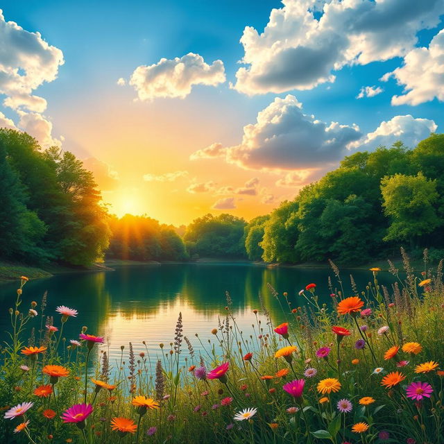 A vibrant and detailed landscape featuring a tranquil lake surrounded by lush green trees under a bright blue sky, with fluffy white clouds scattered overhead