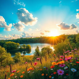 A vibrant and detailed landscape featuring a tranquil lake surrounded by lush green trees under a bright blue sky, with fluffy white clouds scattered overhead