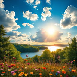 A vibrant and detailed landscape featuring a tranquil lake surrounded by lush green trees under a bright blue sky, with fluffy white clouds scattered overhead