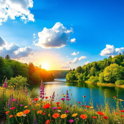 A vibrant and detailed landscape featuring a tranquil lake surrounded by lush green trees under a bright blue sky, with fluffy white clouds scattered overhead