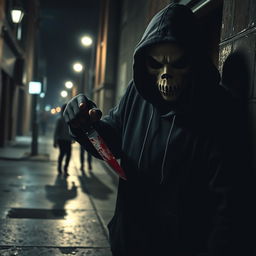 A chilling scene of a psychopathic killer lurking in a dark urban alley, gripping a bloody knife in one hand