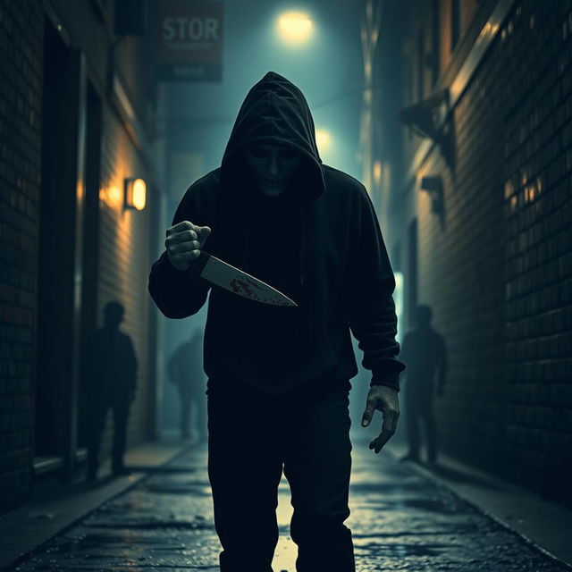 A chilling scene of a psychopathic killer lurking in a dark urban alley, gripping a bloody knife in one hand