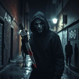 A chilling scene of a psychopathic killer lurking in a dark urban alley, gripping a bloody knife in one hand