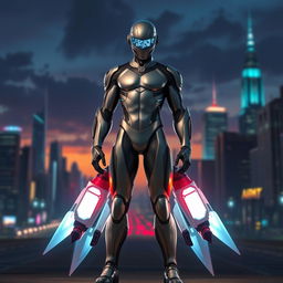 A futuristic character with a sleek, metallic bodysuit, standing confidently