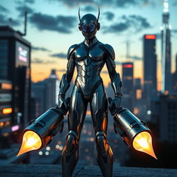 A futuristic character with a sleek, metallic bodysuit, standing confidently