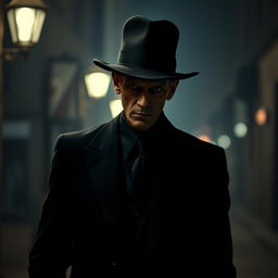 A strange man wearing a terrifying black suit and hat