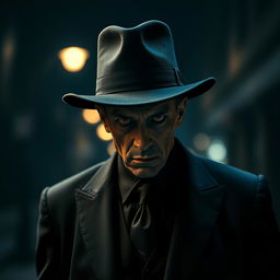 A strange man wearing a terrifying black suit and hat
