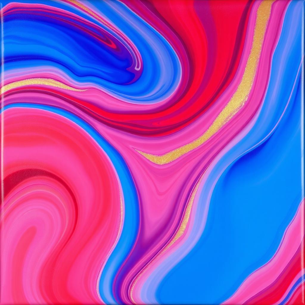 A vibrant abstract painting featuring swirling colors of red, blue, and gold, with soft gradients blending seamlessly into each other