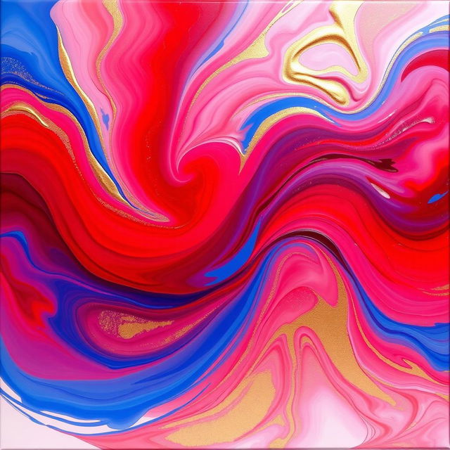 A vibrant abstract painting featuring swirling colors of red, blue, and gold, with soft gradients blending seamlessly into each other