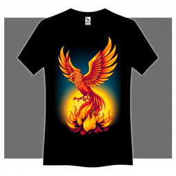 A colorful and artistic T-shirt design featuring a vibrant graphic illustration of a majestic phoenix rising from flames
