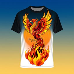 A colorful and artistic T-shirt design featuring a vibrant graphic illustration of a majestic phoenix rising from flames