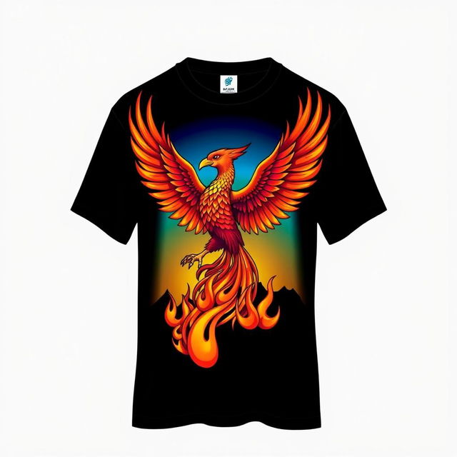 A colorful and artistic T-shirt design featuring a vibrant graphic illustration of a majestic phoenix rising from flames