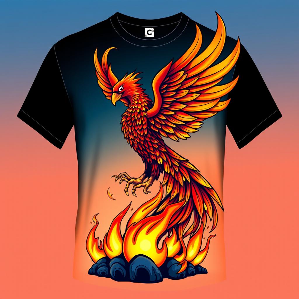 A colorful and artistic T-shirt design featuring a vibrant graphic illustration of a majestic phoenix rising from flames