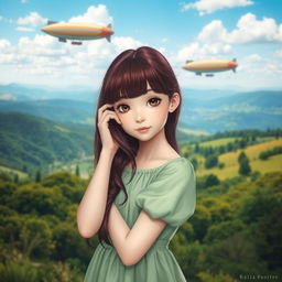 A portrait of a white girl with wine-colored hair and bangs, brown eyes, wearing a light green dress