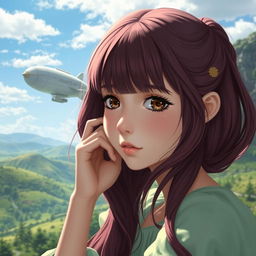 A portrait of a white girl with wine-colored hair and bangs, brown eyes, wearing a light green dress