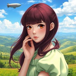 A portrait of a white girl with wine-colored hair and bangs, brown eyes, wearing a light green dress