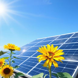 A modern solar panel installation on a rooftop, basking in bright sunlight with a clear blue sky in the background